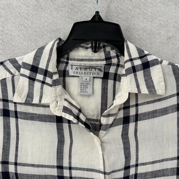 Talbots Collection Blouse Womens 4 Ivory & Black Plaid Button Up 100% Linen Top - Picture 6 of 14